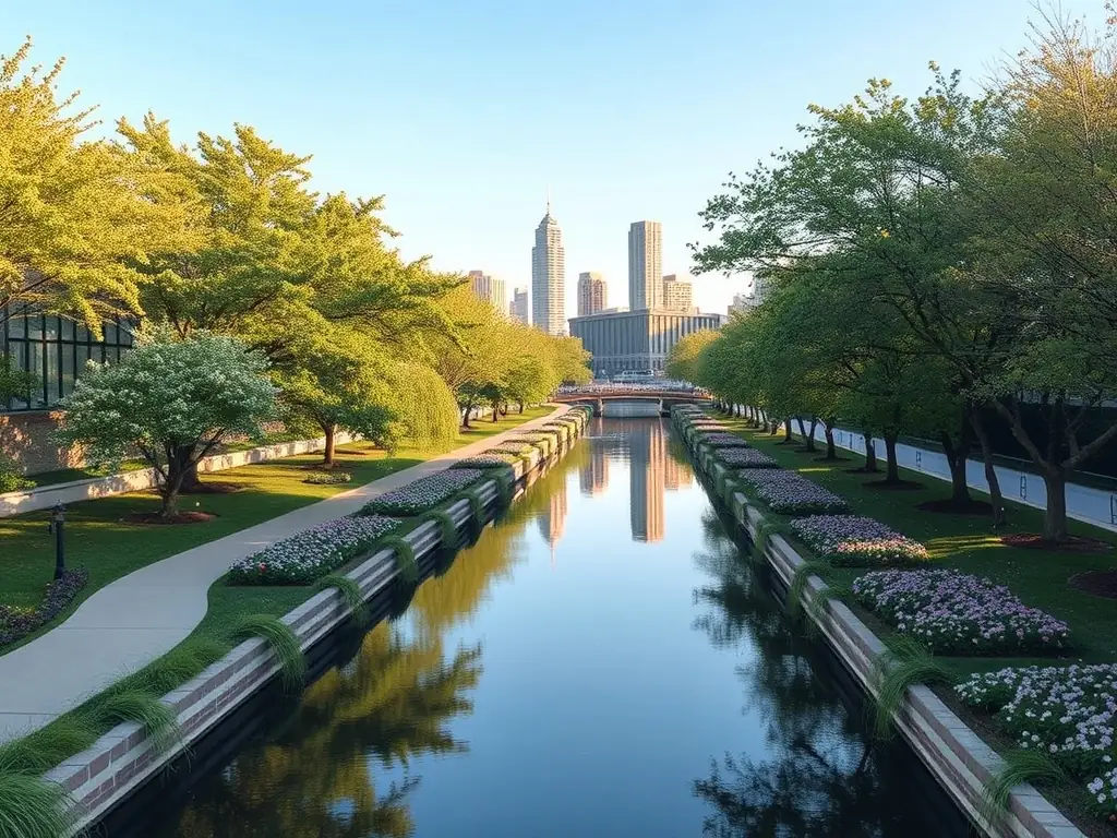 A scenic view of the White River State Park in downtown Indianapolis, featuring walking trails, gardens, and the canal.