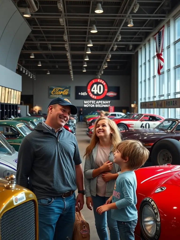 A family watching an exciting race at the Indianapolis Motor Speedway Museum, surrounded by historic race cars and memorabilia.