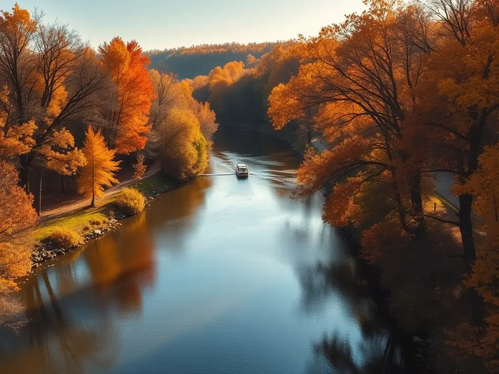 A captivating shot of the White River State Park, highlighting its scenic waterways, walking trails, and recreational activities, taken during the fall season.