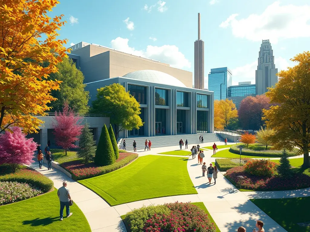 An artistic shot of the Indianapolis Museum of Art (Newfields), highlighting its architecture and outdoor gardens, with people enjoying the art and nature.