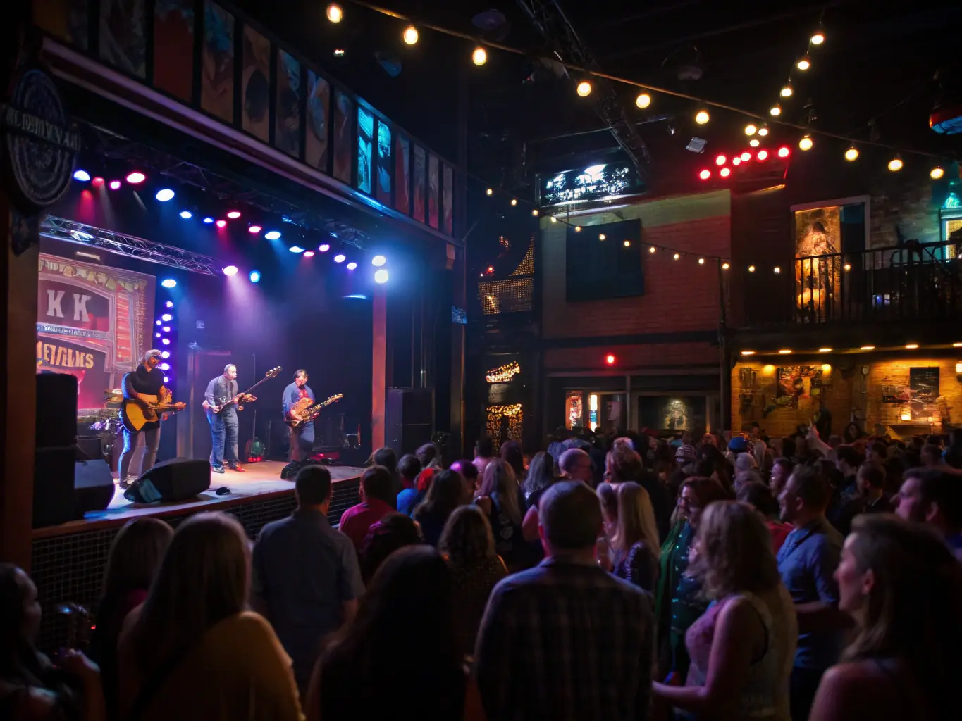 A live music venue in Indianapolis, with a band performing on stage and an enthusiastic audience enjoying the show.