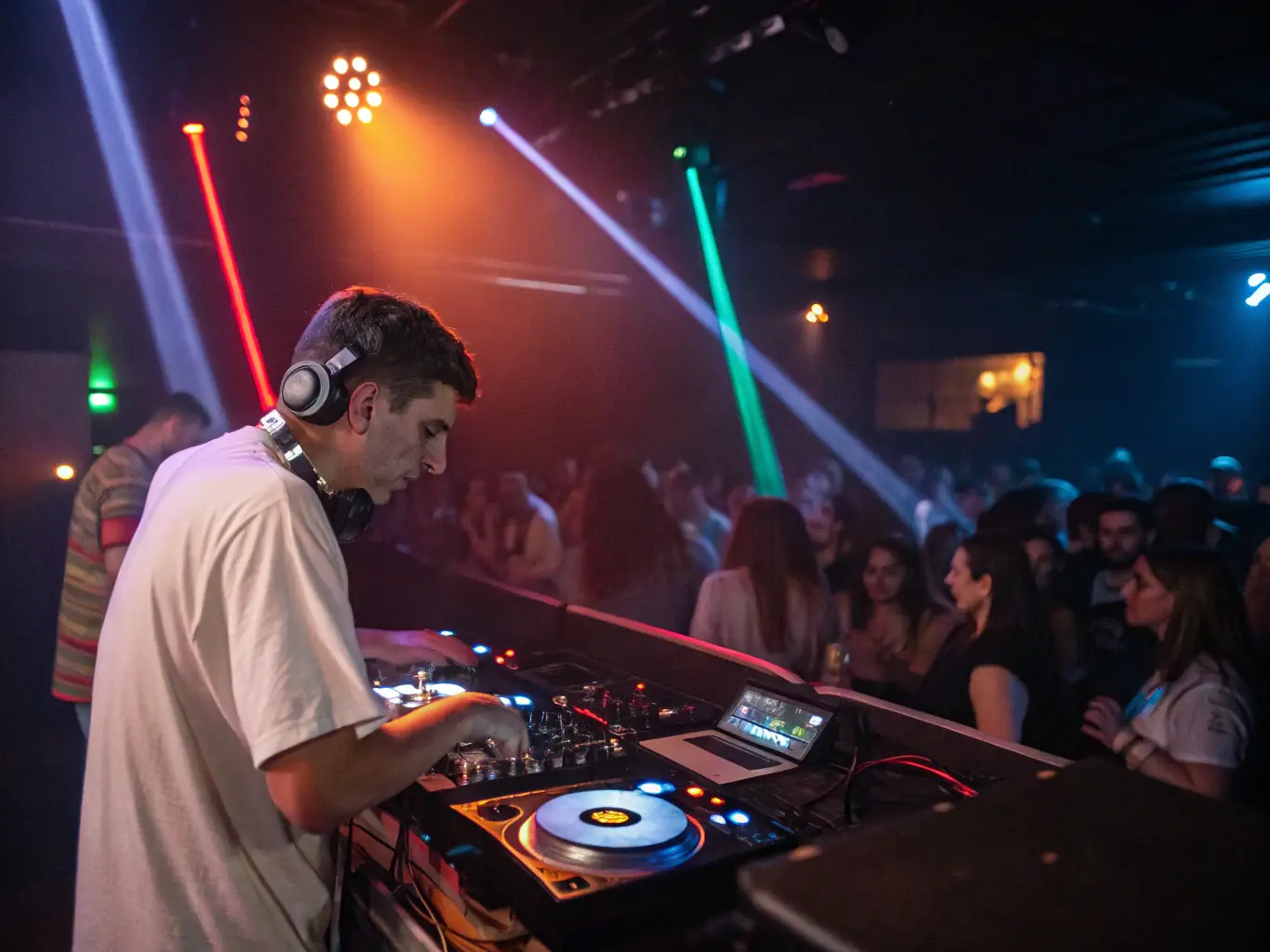 A vibrant dance club in Indianapolis, with people dancing to electronic music and enjoying the energetic atmosphere.