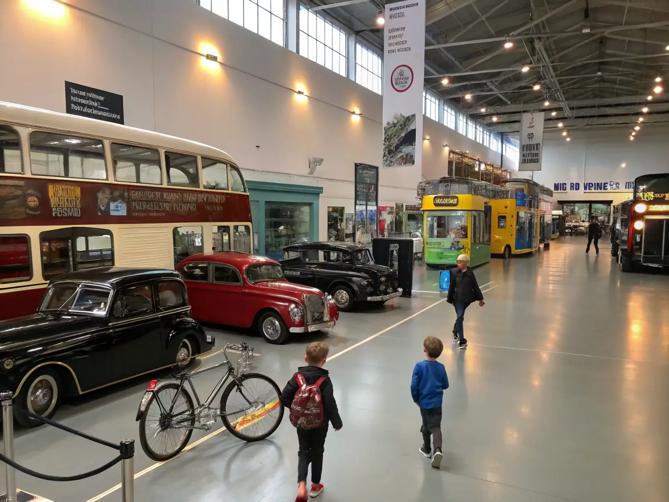 A photograph of the Indianapolis Motor Speedway Museum, showcasing a collection of race cars and memorabilia, with visitors exploring the exhibits.