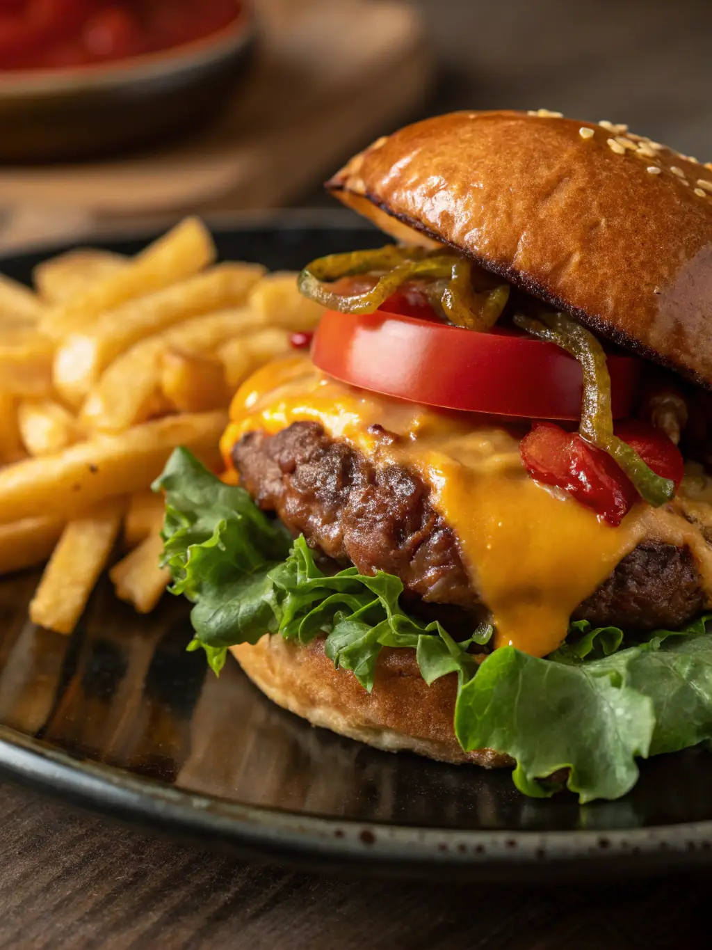 A mouthwatering image of a gourmet burger and craft beer at Bru Burger Bar in Indianapolis, showcasing the restaurant's casual yet upscale dining experience.