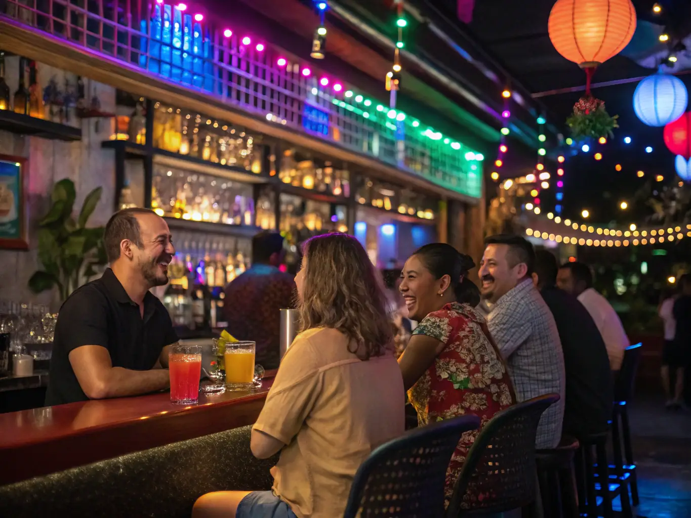 A bustling bar in downtown Indianapolis, with people socializing and enjoying craft cocktails.