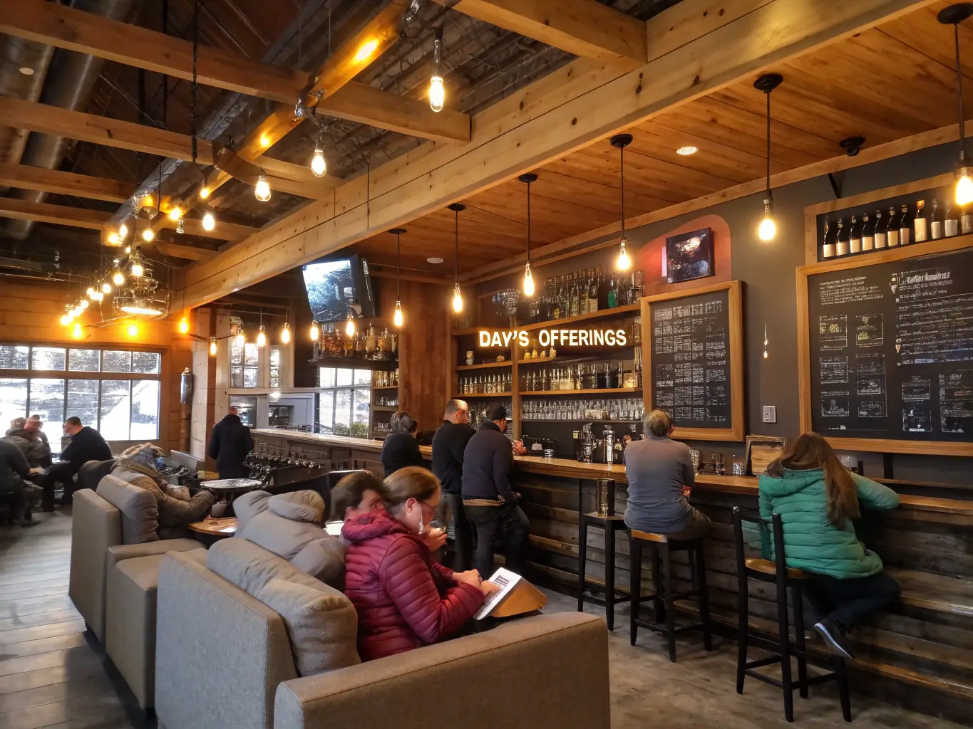 A lively scene inside a local brewery in Indianapolis, showcasing craft beers, happy patrons, and a relaxed atmosphere.