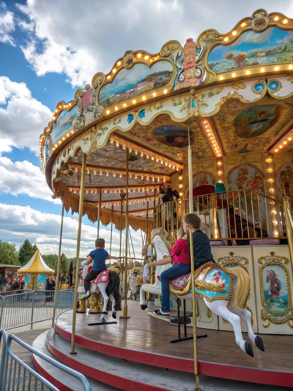 A cheerful family of four laughing while riding the carousel at the Indianapolis Zoo, showcasing a fun day out.