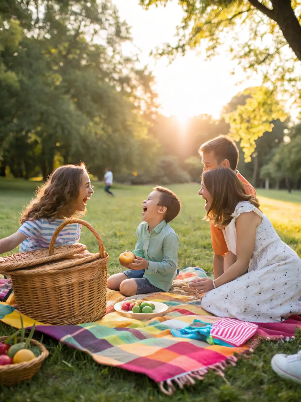 A family enjoying a picnic and playing frisbee in White River State Park, with the Indianapolis skyline in the background.