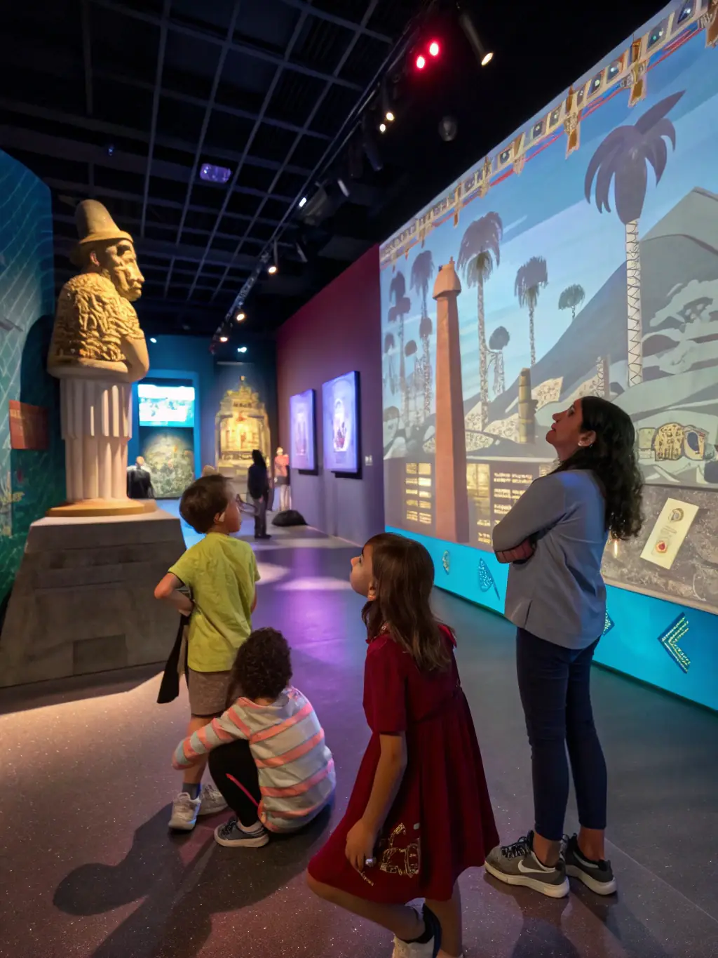 A group of children excitedly exploring the interactive exhibits at the Children's Museum of Indianapolis, surrounded by colorful displays.