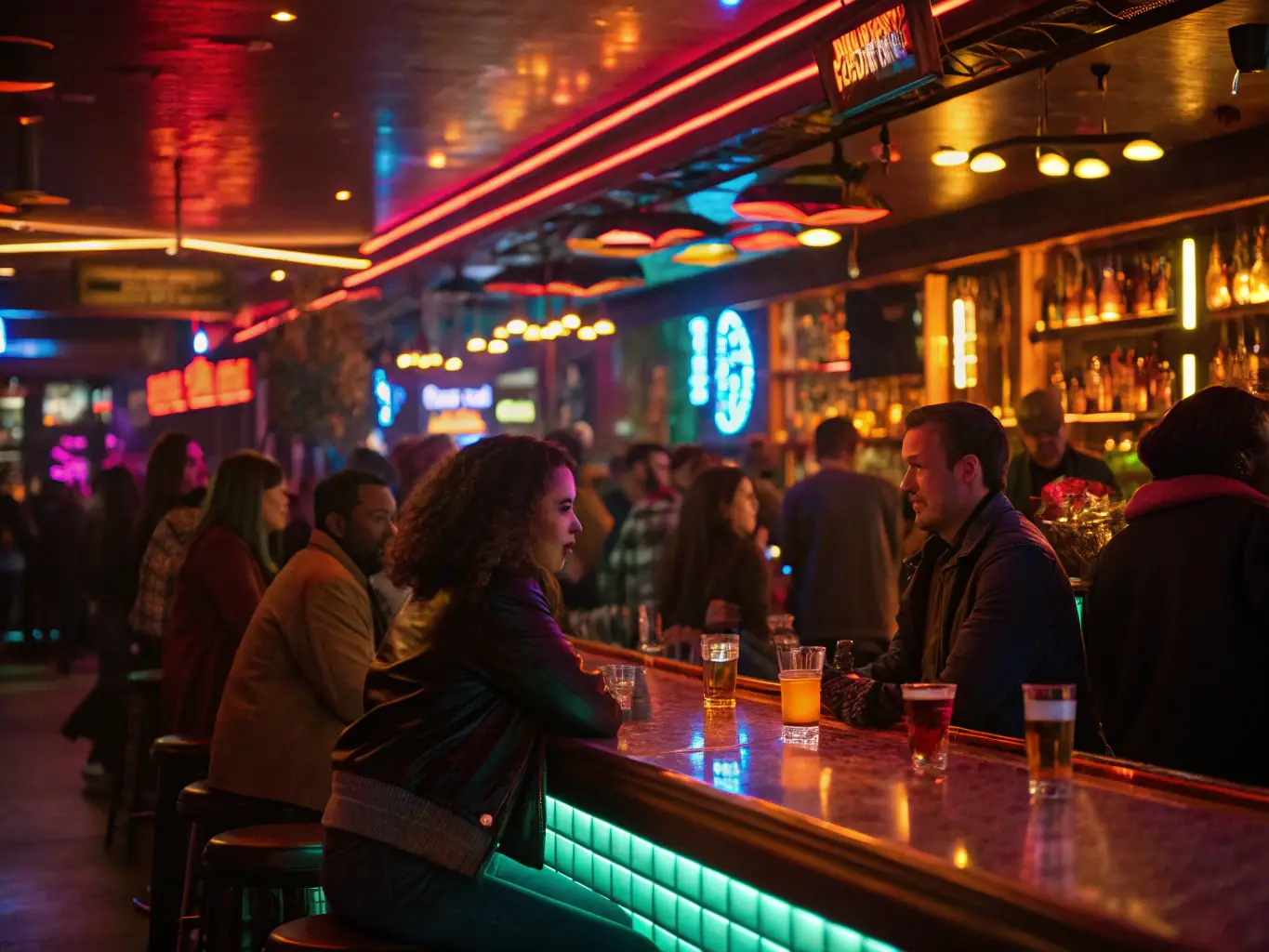 A lively bar scene in downtown Indianapolis at night, with people enjoying drinks and conversation under the warm glow of string lights.
