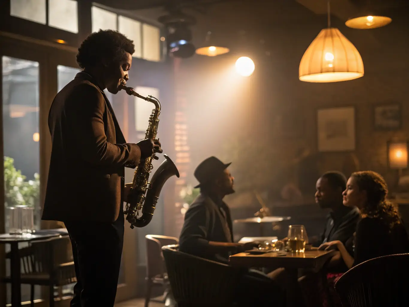 A dimly lit jazz club in Indianapolis, featuring a live band on stage and patrons enjoying drinks at tables.