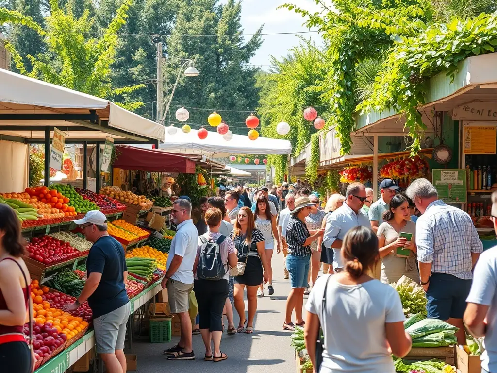 A vibrant outdoor shot of a bustling farmers market in Indianapolis, showcasing fresh produce, local vendors, and happy customers.
